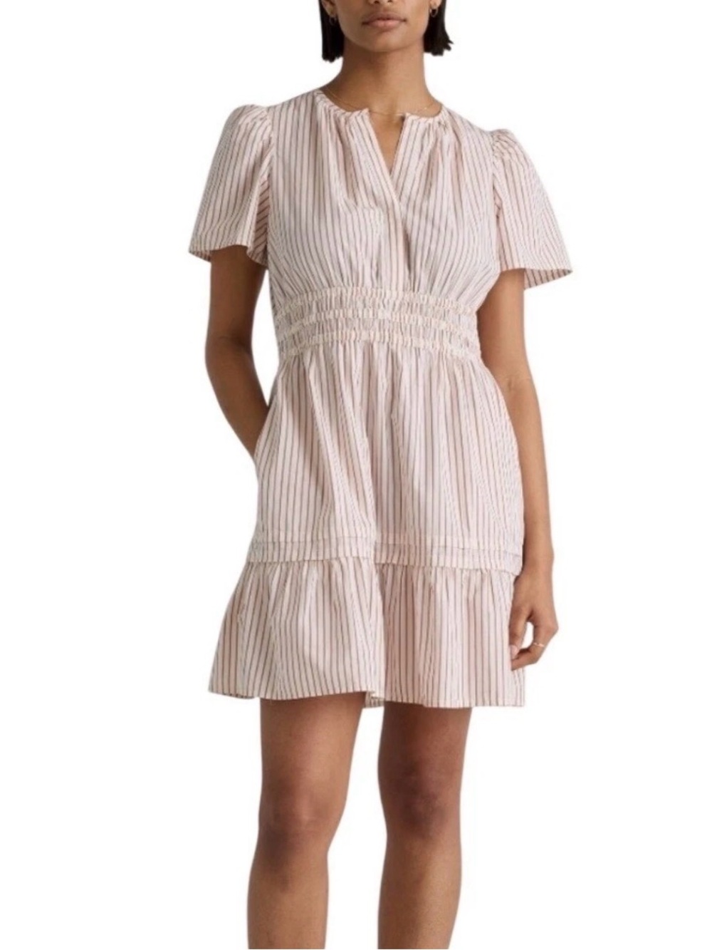Quince Organic Cotton Striped Smocked Mini Dress Terracotta Cream Womens Large